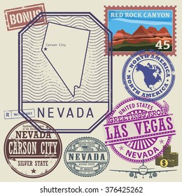 Stamp set with the name and map of Nevada, United States, vector illustration