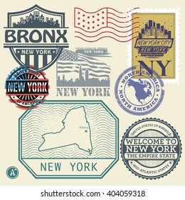 Stamp set with the name and map of New York, United States, vector illustration