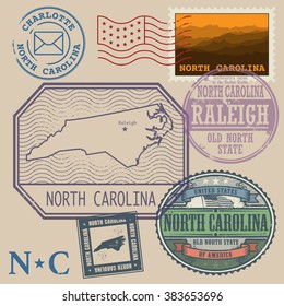 Stamp set with the name and map of North Carolina, United States, vector illustration