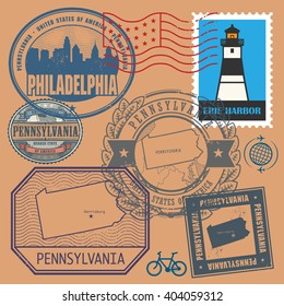 Stamp set with the name and map of Pennsylvania, United States, vector illustration