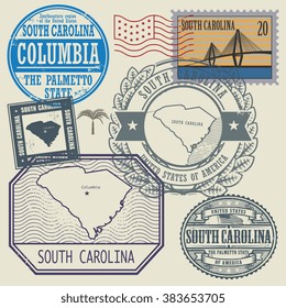 Stamp set with the name and map of South Carolina, United States, vector illustration