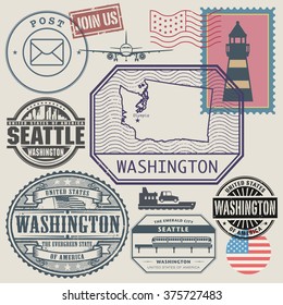 Stamp set with the name and map of Washington, United States, vector illustration