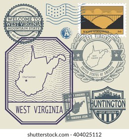 Stamp set with the name and map of West Virginia, United States, vector illustration
