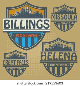 Stamp set with names of Montana cities, vector illustration