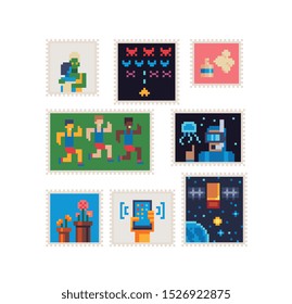 Stamp set, running men, hand holding a phone, arcade game, diver, flowers, satellite, vintage postmark template pixel art icon, Design for logo, sticker and mobile app. Isolated vector illustration. 