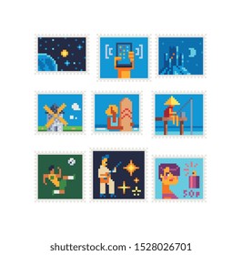 Stamp set, space, soccer, mill, fishing, guitarist, girl with fishing rod, vintage postmark template pixel art icon, Design for logo, sticker and mobile app. Isolated vector illustration. 
