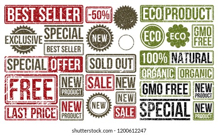 Stamp set. Stamps: Sold out, sale, eco, eco-product, gmo-free, sold out, organic. New product stamp. Grunge craft paper texture.