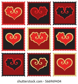 Stamp set with with stylized hearts