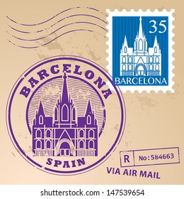 Stamp set with words Barcelona, Spain inside, vector illustration