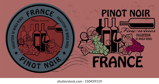Stamp set with words France, Fine Wines, Pinot Noir, vector illustration