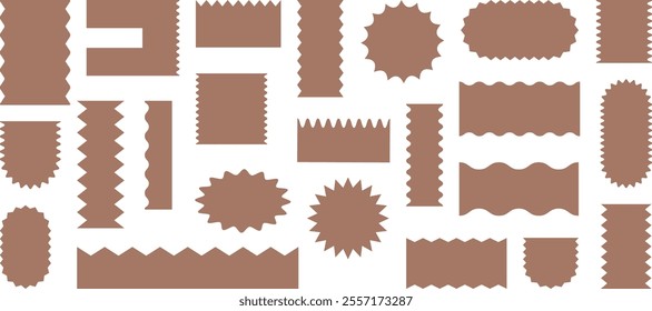 Stamp shape icon mocha mousse color, sticker wave frame, star burst, price tag, rectangle edge border, sale discount, corrugated banner on white background. Trendy colour 2025 year vector illustration