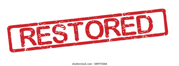 Stamp showing word "Restored" - red color over white background