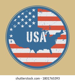 Stamp or sign with the name, Flag and Map of United States of America, vector illustration