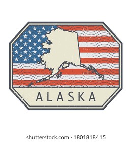 Stamp or sign with the name and map of Alaska, United States, vector illustration