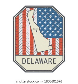 Sello o signo con el nombre y el mapa de Delaware, Estados Unidos, ilustración vectorial