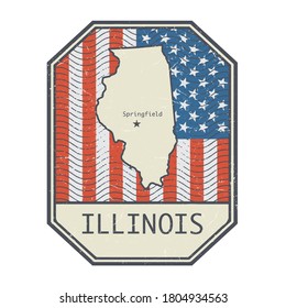 Sello o signo con el nombre y el mapa de illinois, Estados Unidos, ilustración vectorial