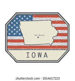 Stamp or sign with the name and map of Iowa, United States, vector illustration