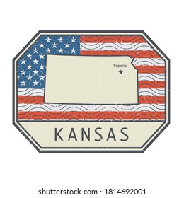 Stamp or sign with the name and map of Kansas, United States, vector illustration
