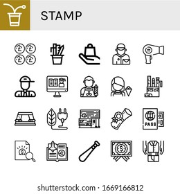 stamp simple icons set. Contains such icons as Beer pong, Pound, Stationery, Handle with care, Postman, Hair dryer, Certificate, Barber, Seller, can be used for web, mobile and logo