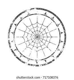Stamp with spider net and witch hat icons. Round shape. Grunge distress texture