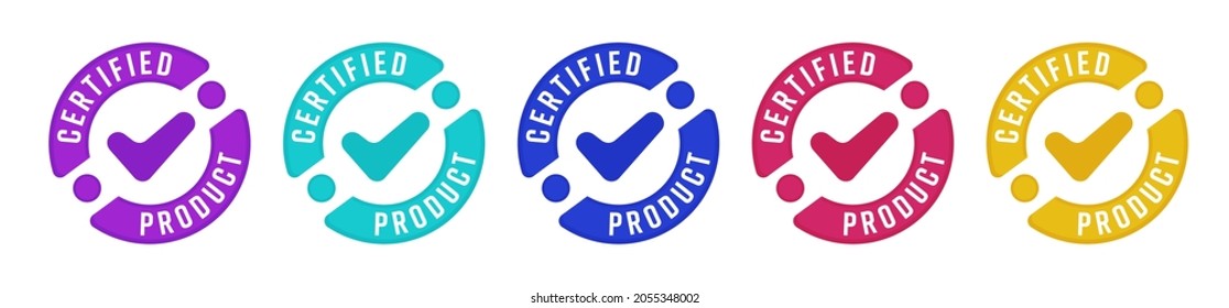 Stamp sticker with certified product guarantee sign set. Warranty check mark on approval high standard insignia badge vector illustration isolated on white background