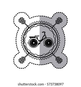 stamp sticker silhouette bicycle in round frame vector illustration