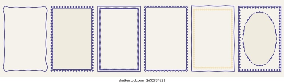 Stamp style frames for greeting cards, wedding and birthday invitations, social media design templates. Hand drawn ornamental borders. Minimalistic line art. Vector flat illustration.