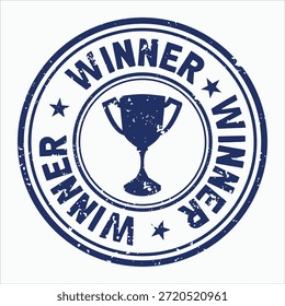 Stamp Style Vector with Winner Text and Trophy Icon, Grungy Blue Design Element