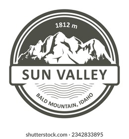 Sello del Valle del Sol en el estado de Idaho, emblema con pico de montaña calva, estación de esquí, vector