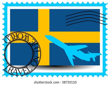 Stamp "Sweden (Stockholm), travel by plane on the world" vector eps10