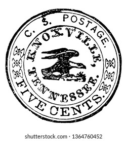 Stamp of Tennessee Confederacy with image of Eagle in the center and C.S. POSTAGE written in upper half of circle and FIVE CENTS written in lower half of circle vintage line drawing.