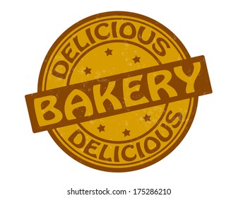 Stamp with text delicious bakery inside, vector illustration