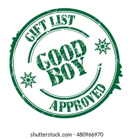 stamp with text "good boy, gift list approved" isolated on white background.