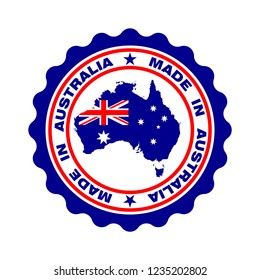 Stamp with text "Made In Australia". Seal with map of Australia in color australian flag. Logo quality. Icon premium quality. Label. Vector illustration