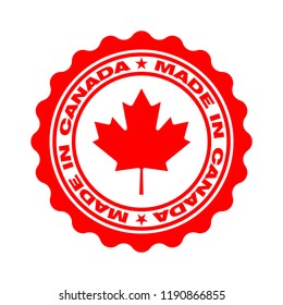 Stamp with text made in Canada. Logo canadian quality. Seal  maple leaf in circle. Icon premium quality. Label made in Canada. Vector illustration