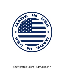 Stamp with text made in USA. Logo american quality. Seal  flag USA in circle. Icon premium quality. Label made in USA. Vector illustration