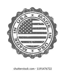 Stamp with text made in USA. Logo american quality. Seal  flag USA in circle. Icon premium quality. Label made in USA. Vector illustration