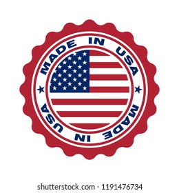 Stamp with text made in USA. Logo american quality. Seal  flag USA in circle. Icon premium quality. Label made in USA. Vector illustration