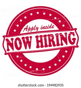 Stamp with text now hiring inside, vector illustration