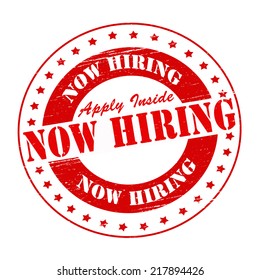 Stamp with text now hiring inside, vector illustration