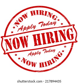 Stamp with text now hiring inside, vector illustration