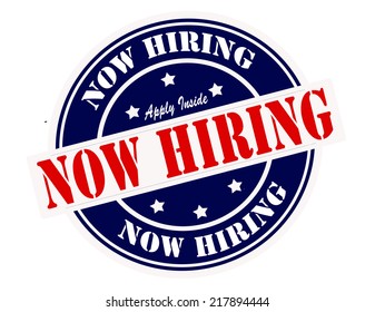 Stamp with text now hiring inside, vector illustration