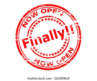 Stamp with text now open finally inside, vector illustration