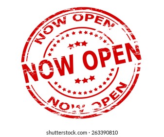 Stamp with text now open inside, vector illustration