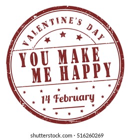stamp with text "Valentine's day, you make me happy, 14 february" isolated on white background. Vector illustration