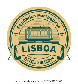 Stamp with Tram and the words Lisbon, Portuguese Republic, Trams in Lisbon (on portuguese language) written inside, vector illustration