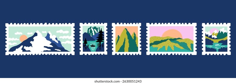 Stamp travel mountain post badge. Collection postcard summer mail. Vector illustration