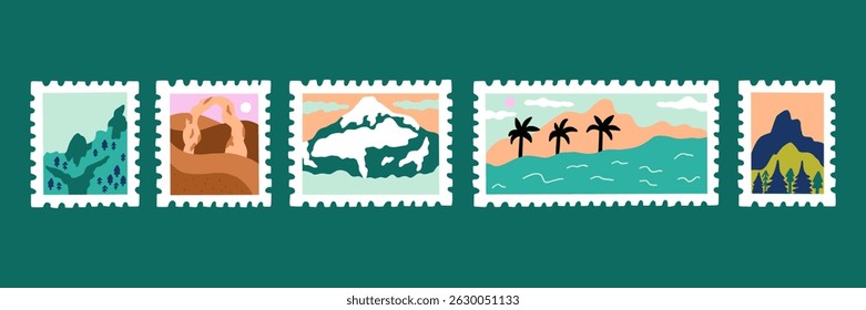 Stamp travel mountain post label. Collection postcard summer mail. Vector illustration