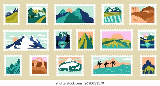 Stamp travel mountain post sticker set. Collection postcard summer mail. Vector illustration