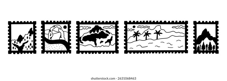 Stamp travel mountain post sticker black and white. Collection postcard summer mail. Vector illustration